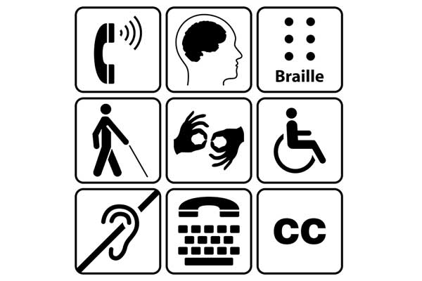Icons for text type, braille, sign language, person in a wheelchair
